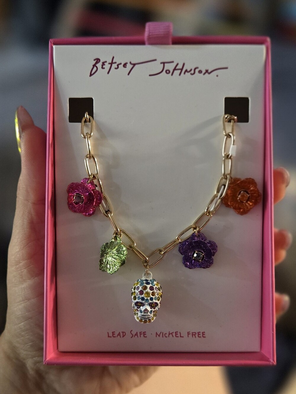 Betsey Johnson Sugar Skull Calavera Charm Necklace, New In Box